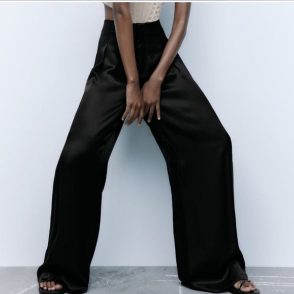 NWT ZARA * SATIN EFFECT FULL LENGTH WIDE DART PANTS - Picture 3 of 6